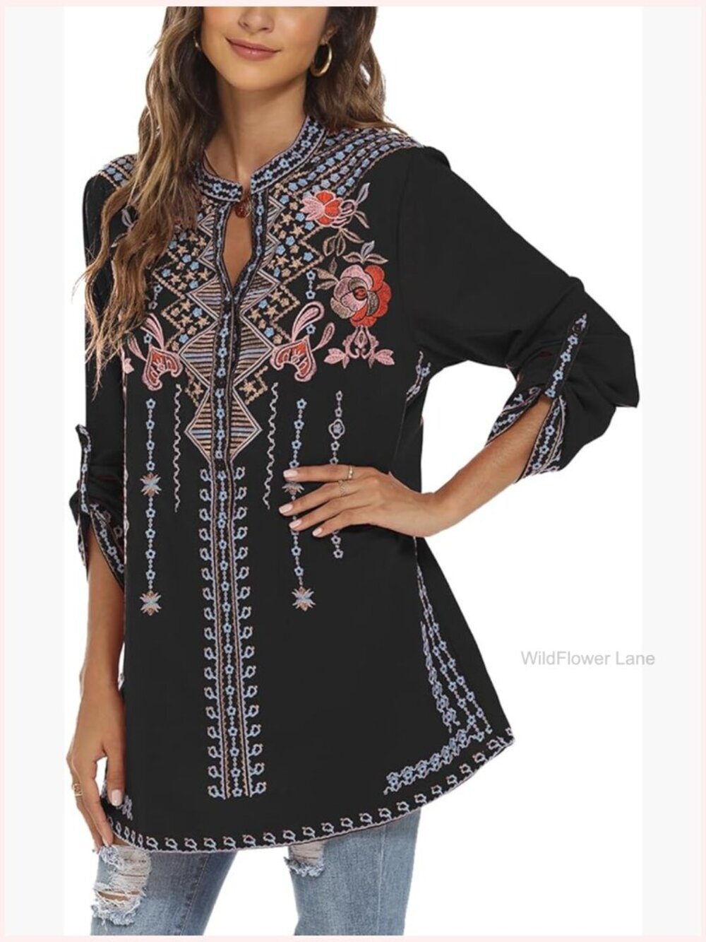 Embroidered Bohemian Peasant Tunic Top Long Sleeve V-Neck Floral Blouse